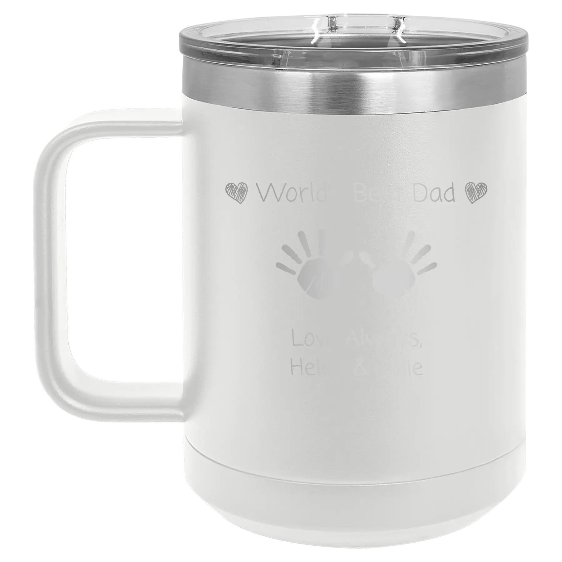 Personalized white 15 oz vacuum insulated coffee mug with etched 'Kid Handwriting' design