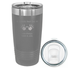 Laser etched dark gray 20 oz vacuum insulated tumbler with 'Kid Handwriting' design