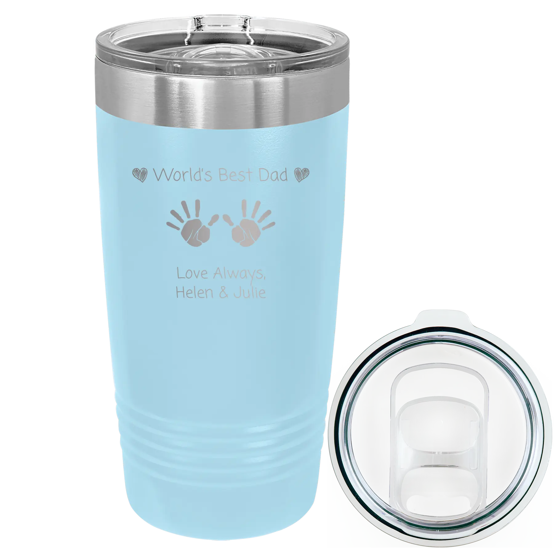 Laser etched light blue 20 oz vacuum insulated tumbler with 'Kid Handwriting' design