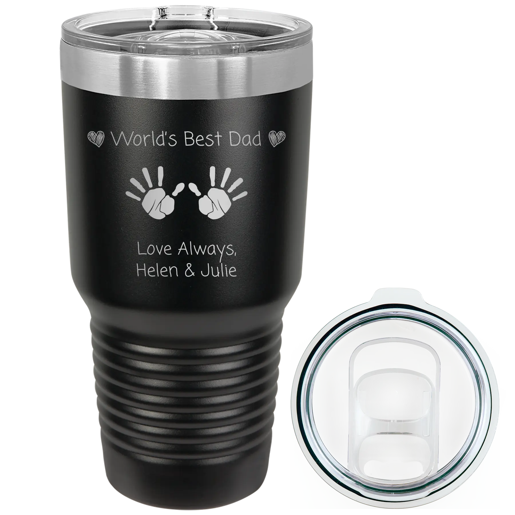 Laser etched black 30 oz vacuum insulated tumbler with 'Kid Handwriting' design