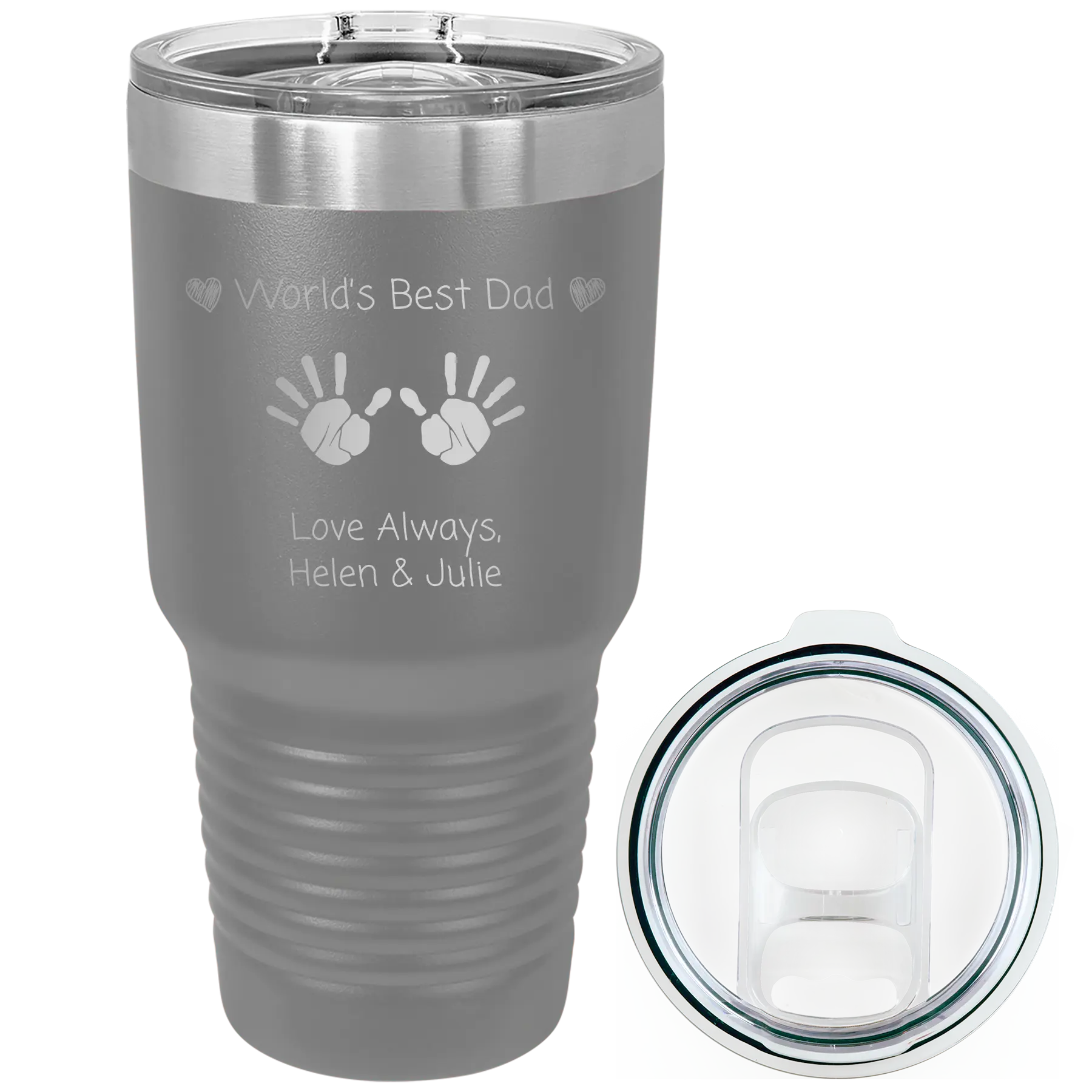 Laser etched dark gray 30 oz vacuum insulated tumbler with 'Kid Handwriting' design