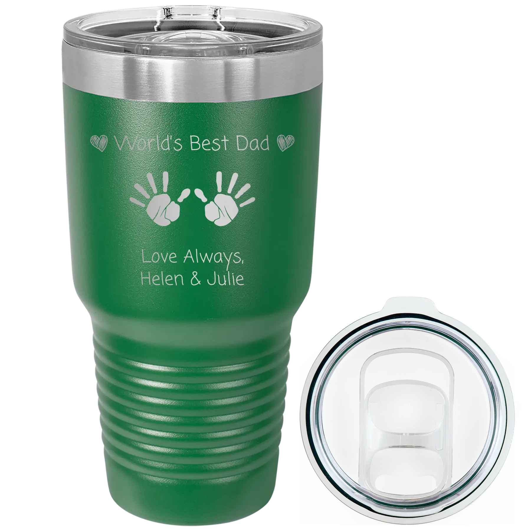 Laser etched green 30 oz vacuum insulated tumbler with 'Kid Handwriting' design