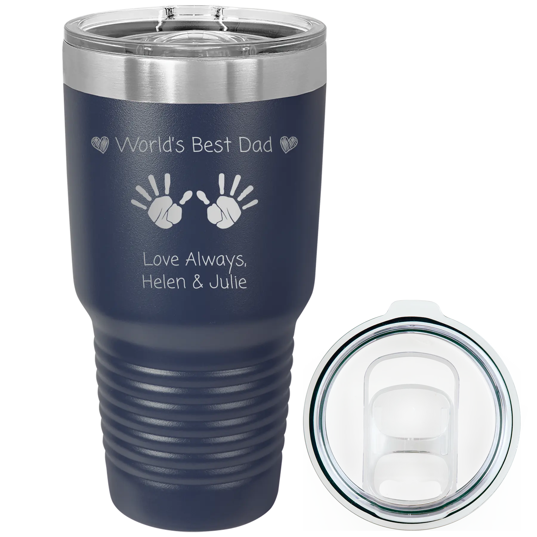 Laser etched navy 30 oz vacuum insulated tumbler with 'Kid Handwriting' design