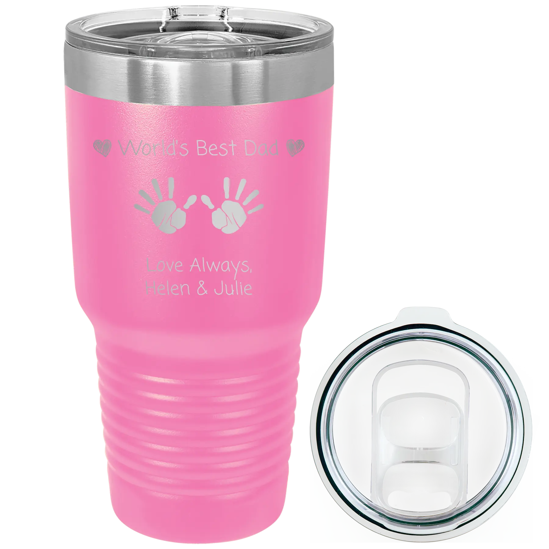 Laser etched pink 30 oz vacuum insulated tumbler with 'Kid Handwriting' design
