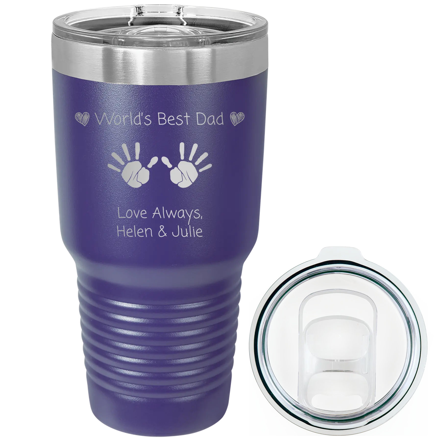 Laser etched purple 30 oz vacuum insulated tumbler with 'Kid Handwriting' design