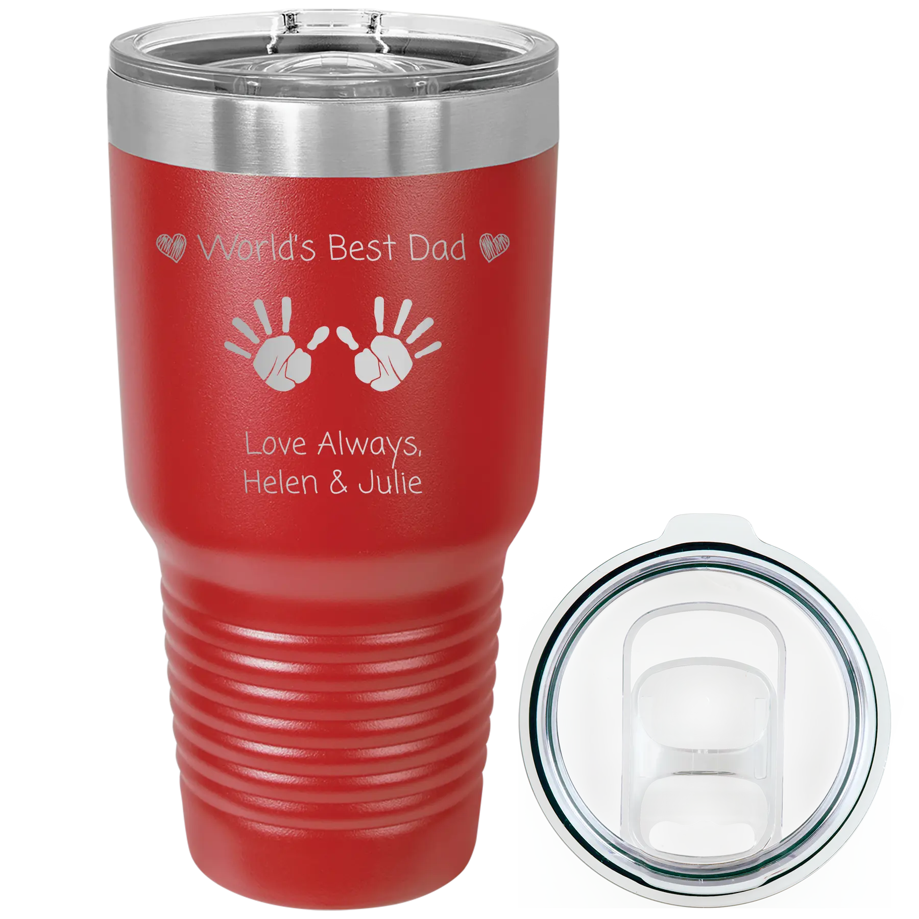 Laser etched red 30 oz vacuum insulated tumbler with 'Kid Handwriting' design