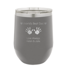 Personalized dark gray 12 oz vacuum insulated wine cup with etched 'Kid Handwriting' design