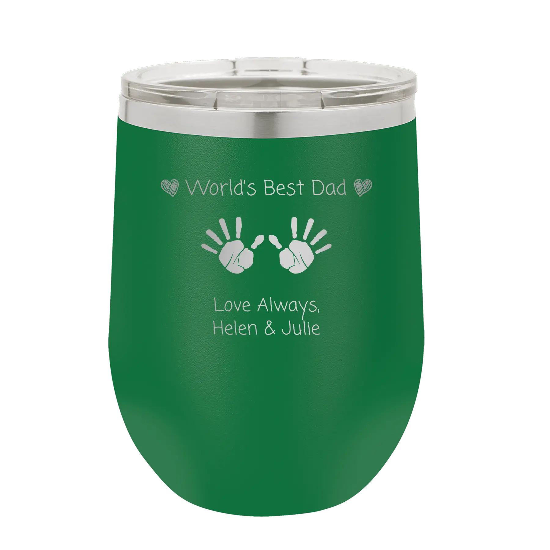Personalized green 12 oz vacuum insulated wine cup with etched 'Kid Handwriting' design