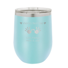 Personalized light blue 12 oz vacuum insulated wine cup with etched 'Kid Handwriting' design