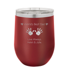 Personalized maroon 12 oz vacuum insulated wine cup with etched 'Kid Handwriting' design