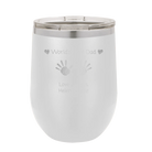 Personalized white 12 oz vacuum insulated wine cup with etched 'Kid Handwriting' design