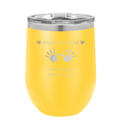 Personalized yellow 12 oz vacuum insulated wine cup with etched 'Kid Handwriting' design