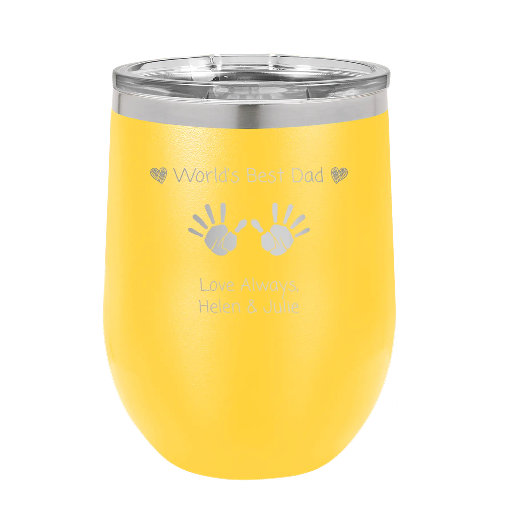 Personalized yellow 12 oz vacuum insulated wine cup with etched 'Kid Handwriting' design
