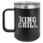 Personalized black 15 oz vacuum insulated coffee mug with etched 'King of the Grill' design