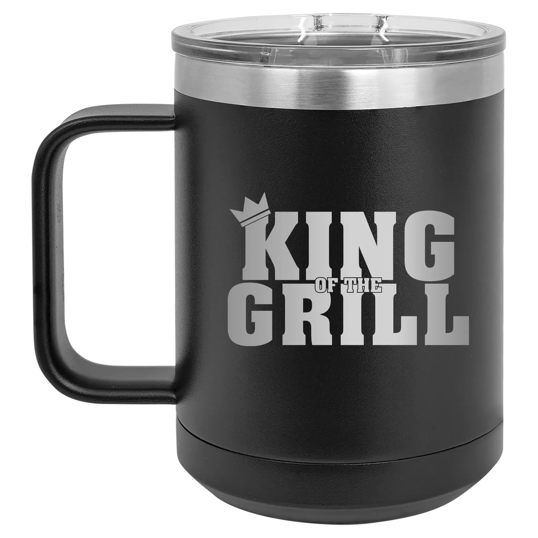 Personalized black 15 oz vacuum insulated coffee mug with etched 'King of the Grill' design