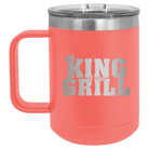 Personalized coral 15 oz vacuum insulated coffee mug with etched 'King of the Grill' design