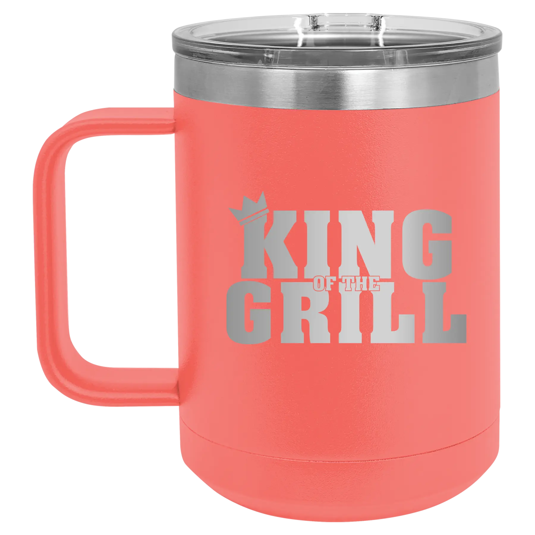 Personalized coral 15 oz vacuum insulated coffee mug with etched 'King of the Grill' design