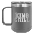 Personalized dark gray 15 oz vacuum insulated coffee mug with etched 'King of the Grill' design