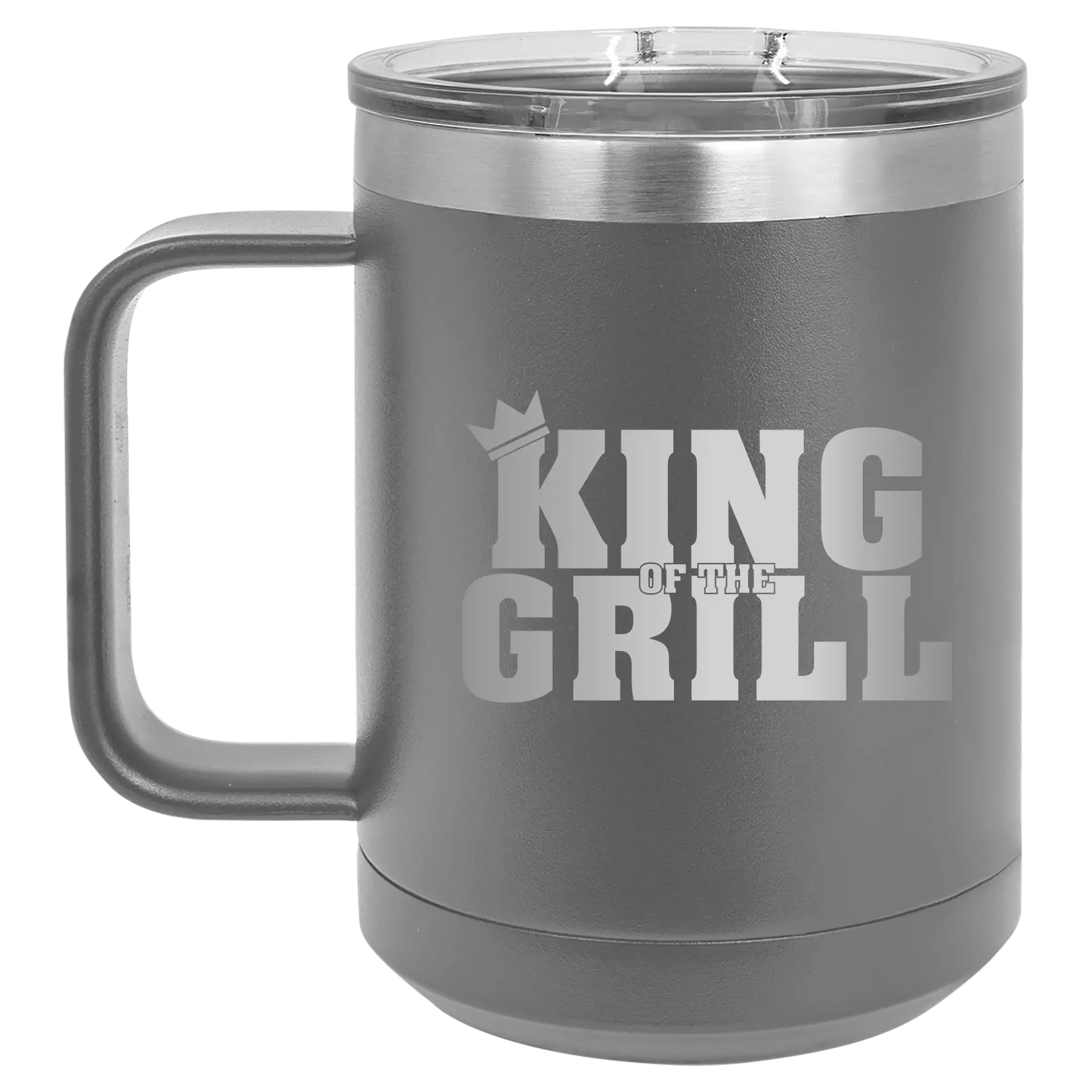 Personalized dark gray 15 oz vacuum insulated coffee mug with etched 'King of the Grill' design