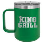 Personalized green 15 oz vacuum insulated coffee mug with etched 'King of the Grill' design