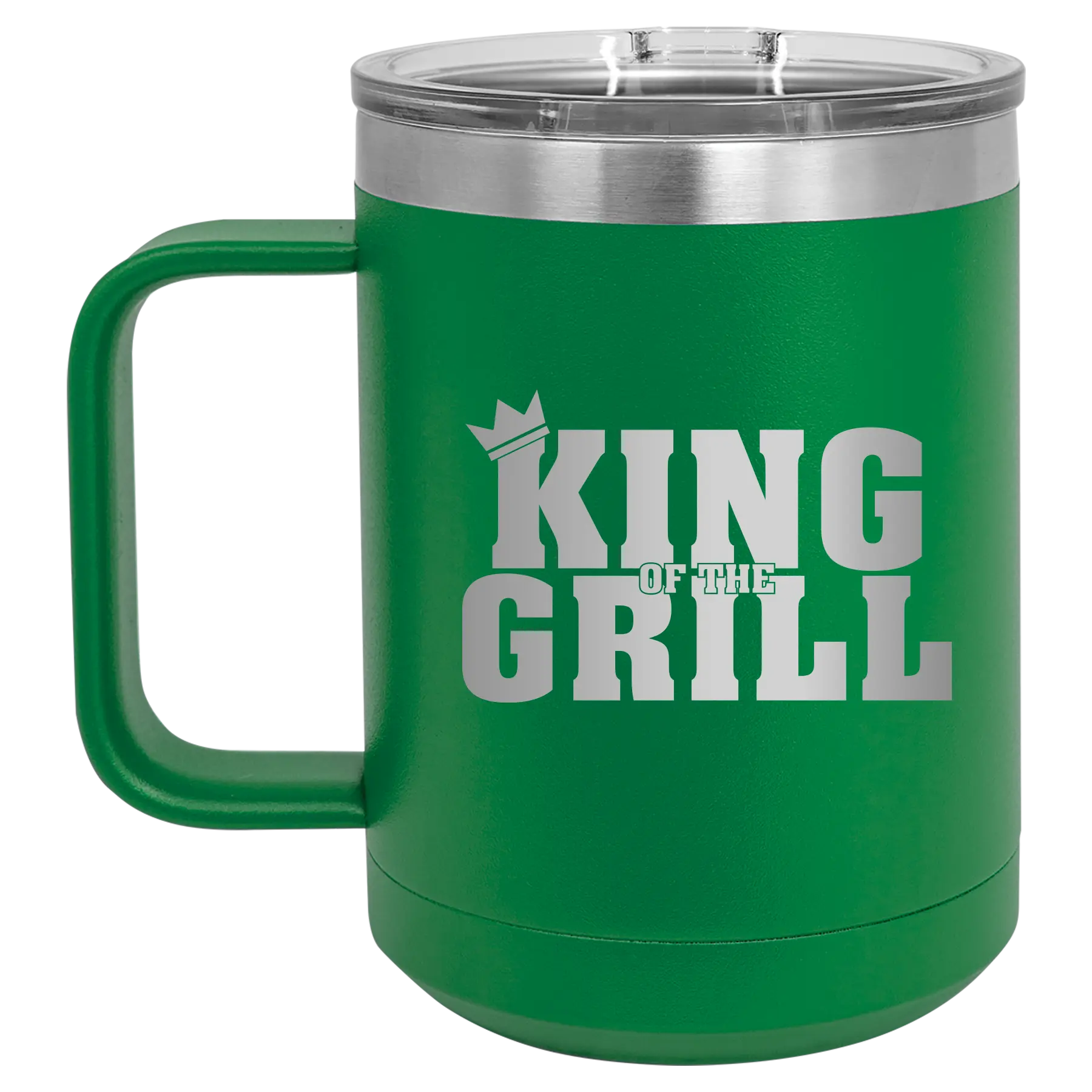 Personalized green 15 oz vacuum insulated coffee mug with etched 'King of the Grill' design