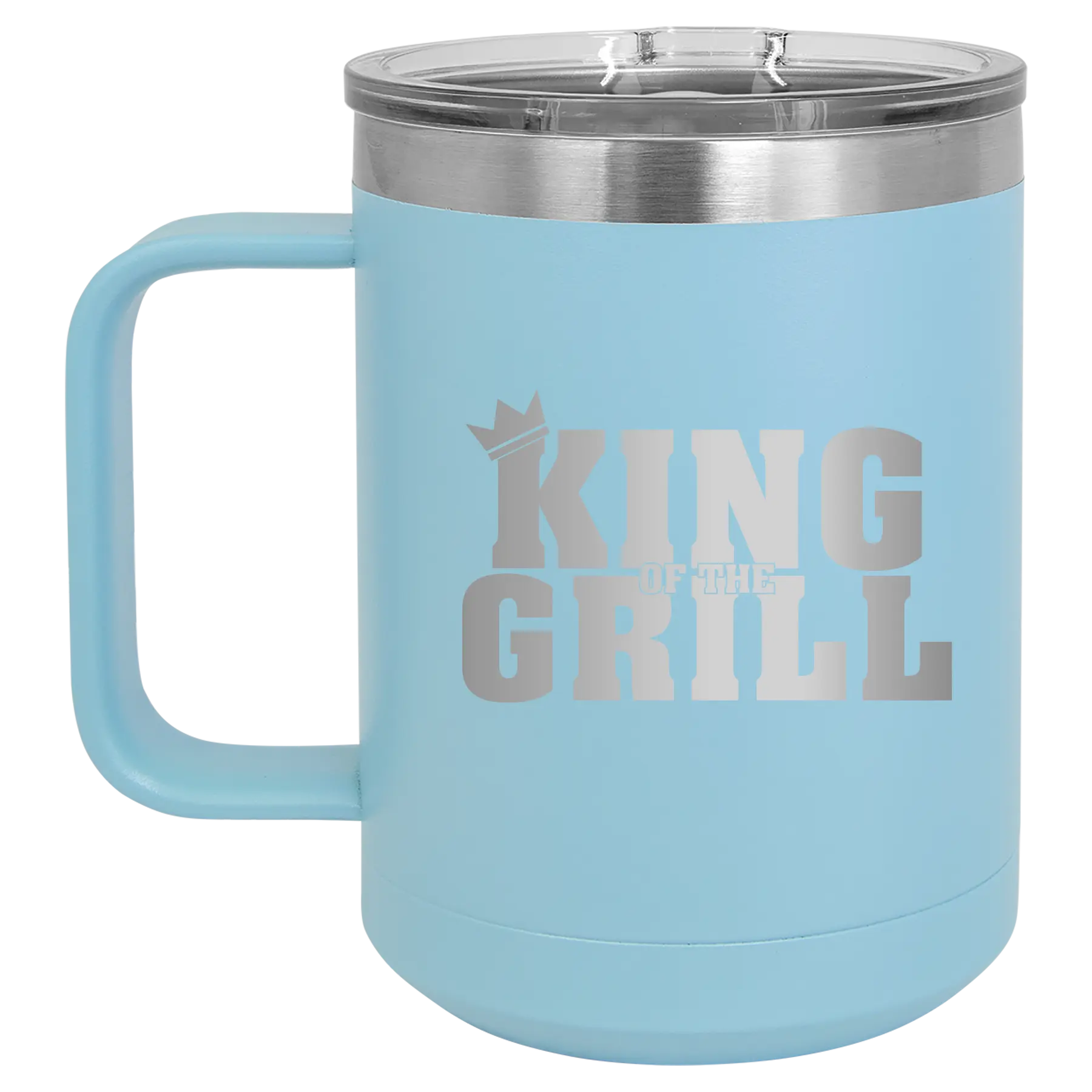 Personalized light blue 15 oz vacuum insulated coffee mug with etched 'King of the Grill' design