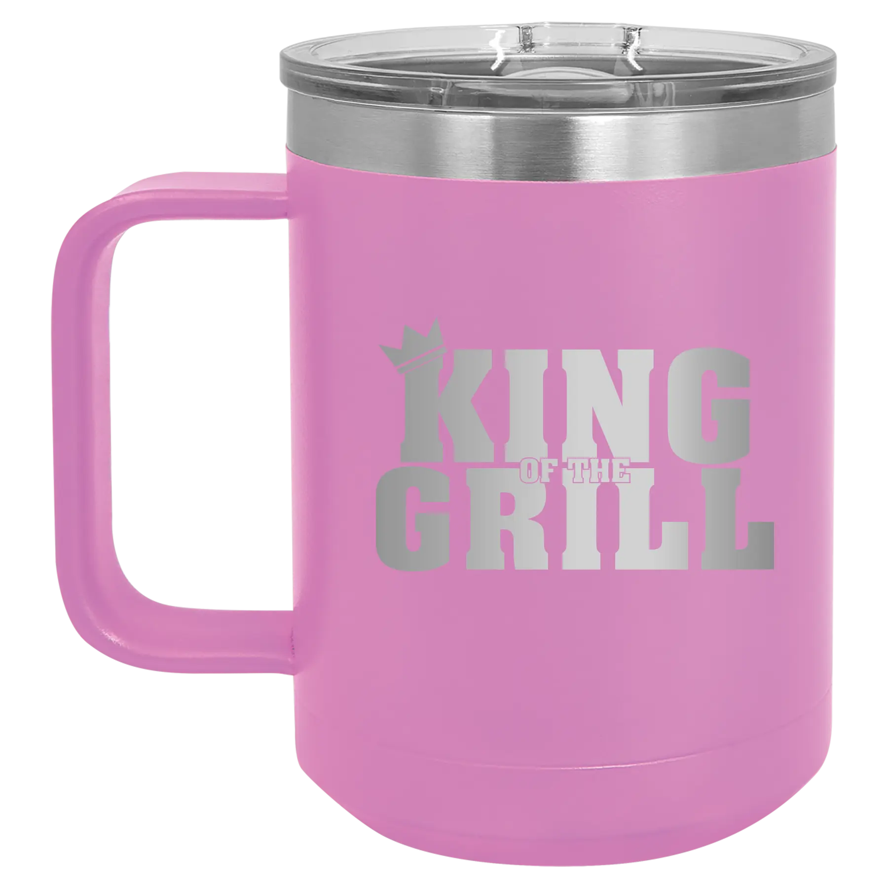 Personalized light purple 15 oz vacuum insulated coffee mug with etched 'King of the Grill' design