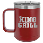 Personalized maroon 15 oz vacuum insulated coffee mug with etched 'King of the Grill' design