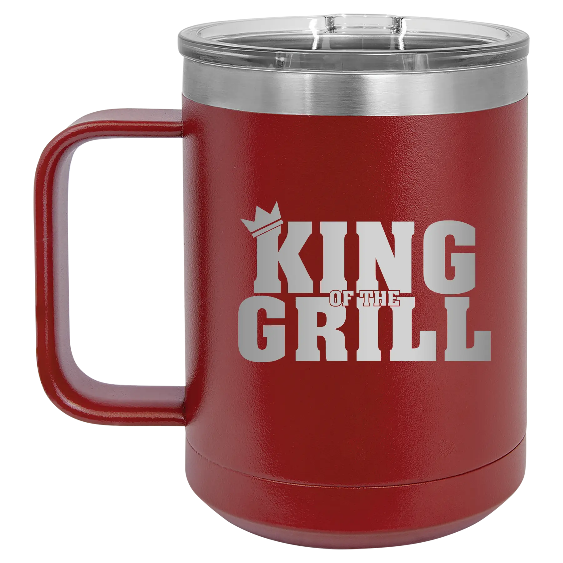 Personalized maroon 15 oz vacuum insulated coffee mug with etched 'King of the Grill' design