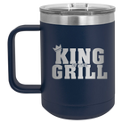Personalized navy 15 oz vacuum insulated coffee mug with etched 'King of the Grill' design