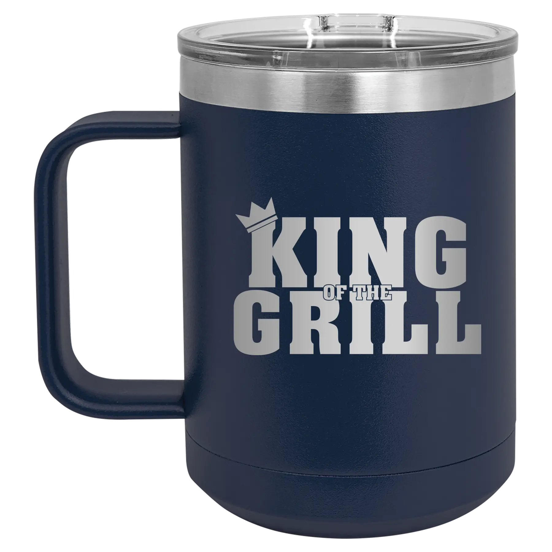 Personalized navy 15 oz vacuum insulated coffee mug with etched 'King of the Grill' design