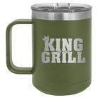 Personalized olive green 15 oz vacuum insulated coffee mug with etched 'King of the Grill' design