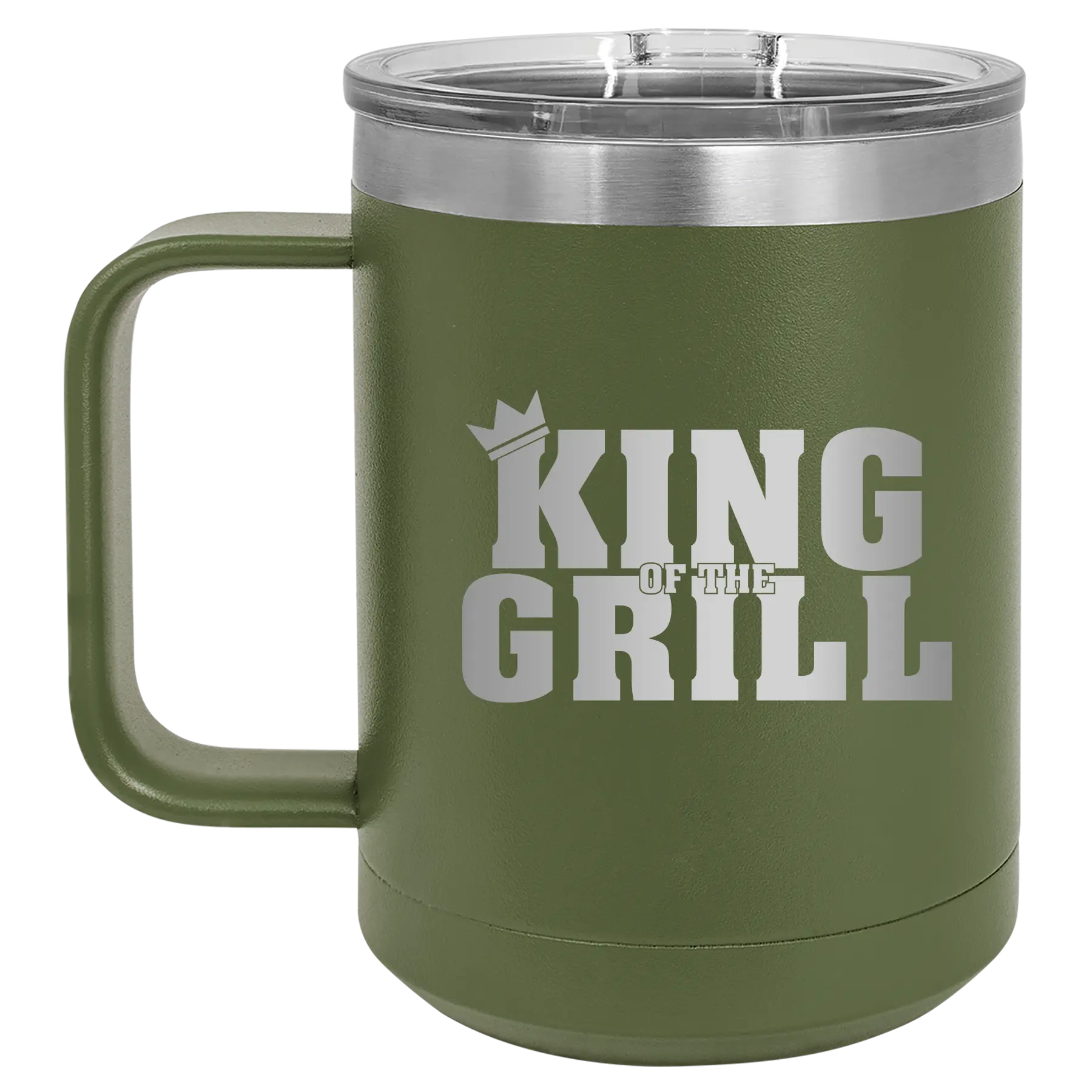 Personalized olive green 15 oz vacuum insulated coffee mug with etched 'King of the Grill' design