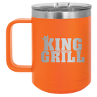 Personalized orange 15 oz vacuum insulated coffee mug with etched 'King of the Grill' design