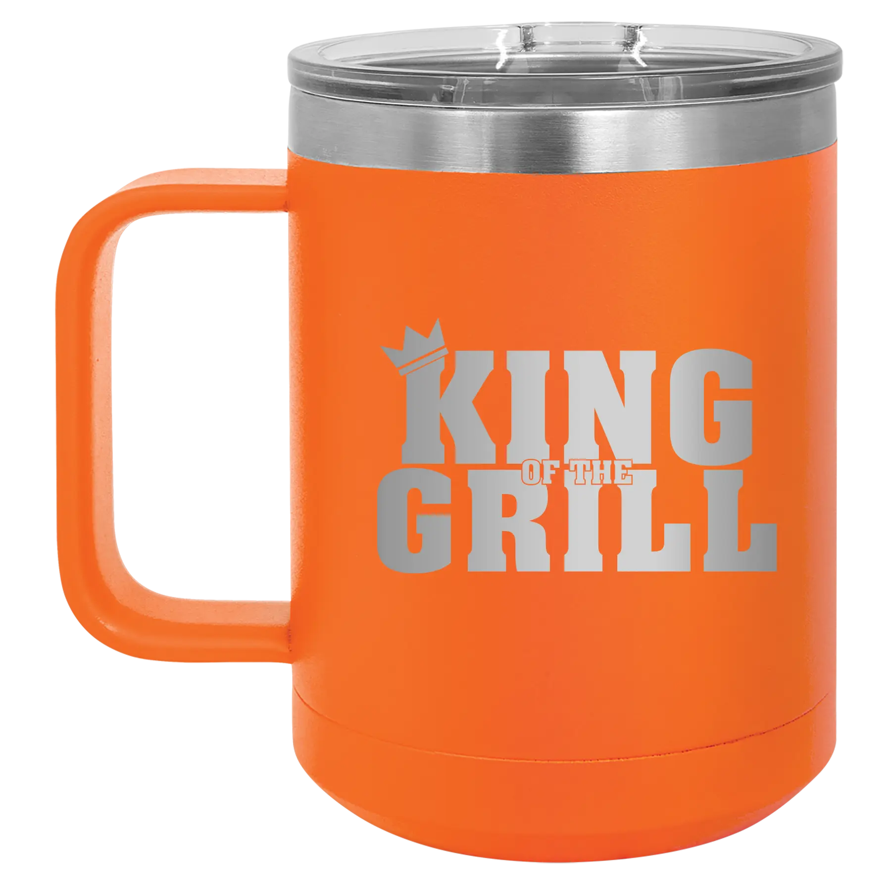 Personalized orange 15 oz vacuum insulated coffee mug with etched 'King of the Grill' design