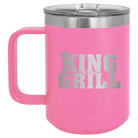 Personalized pink 15 oz vacuum insulated coffee mug with etched 'King of the Grill' design