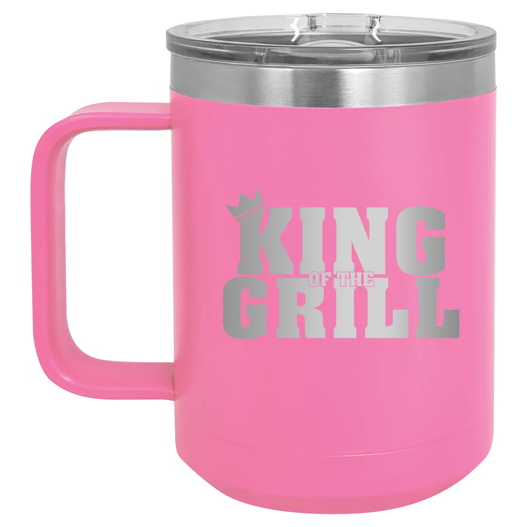 Personalized pink 15 oz vacuum insulated coffee mug with etched 'King of the Grill' design