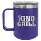 Personalized purple 15 oz vacuum insulated coffee mug with etched 'King of the Grill' design
