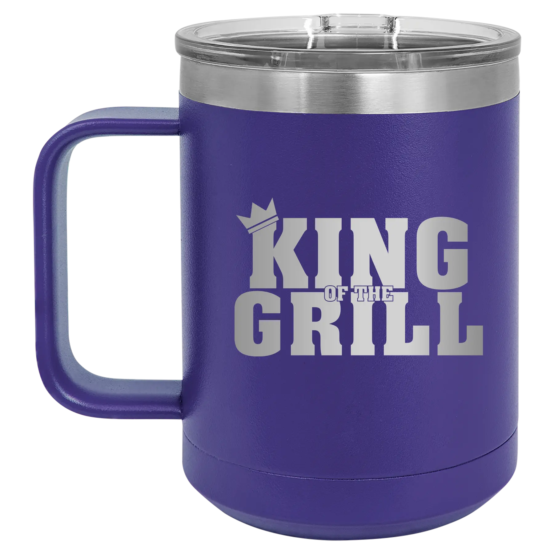 Personalized purple 15 oz vacuum insulated coffee mug with etched 'King of the Grill' design