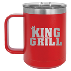 Personalized red 15 oz vacuum insulated coffee mug with etched 'King of the Grill' design