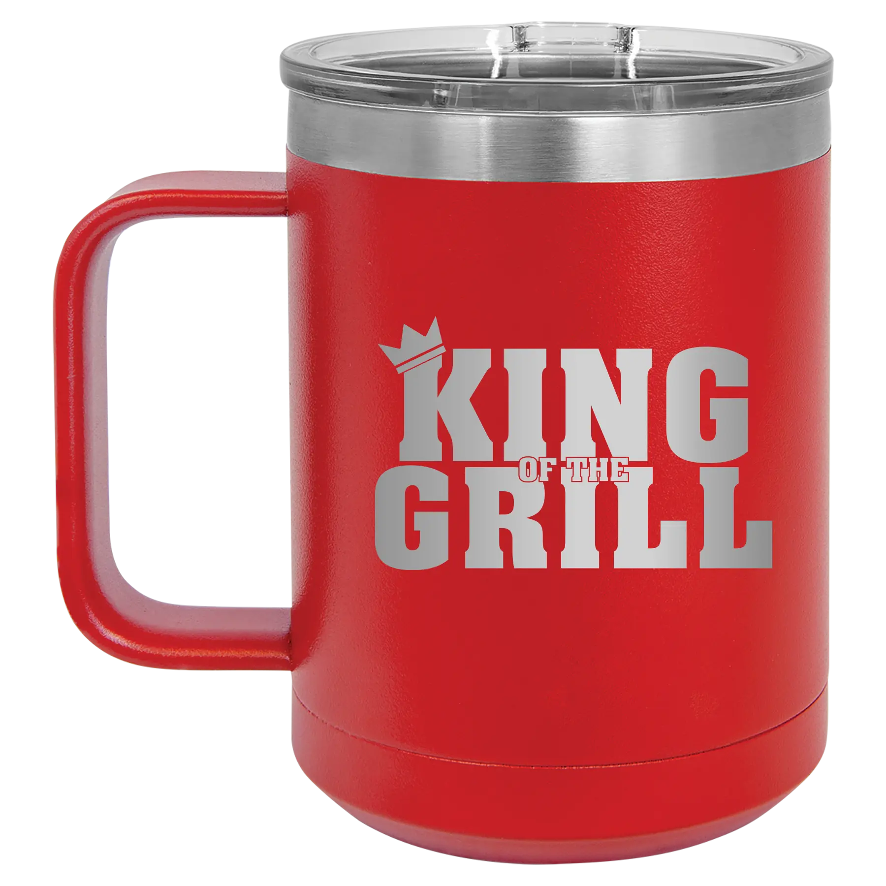 Personalized red 15 oz vacuum insulated coffee mug with etched 'King of the Grill' design