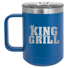Personalized royal blue 15 oz vacuum insulated coffee mug with etched 'King of the Grill' design