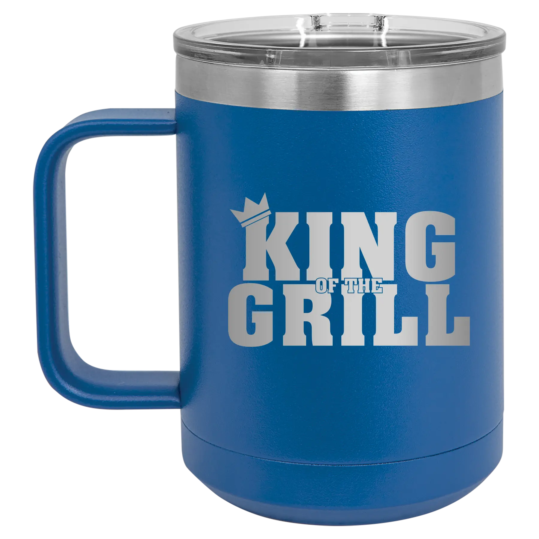 Personalized royal blue 15 oz vacuum insulated coffee mug with etched 'King of the Grill' design