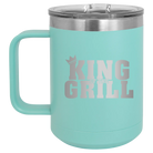 Personalized teal 15 oz vacuum insulated coffee mug with etched 'King of the Grill' design