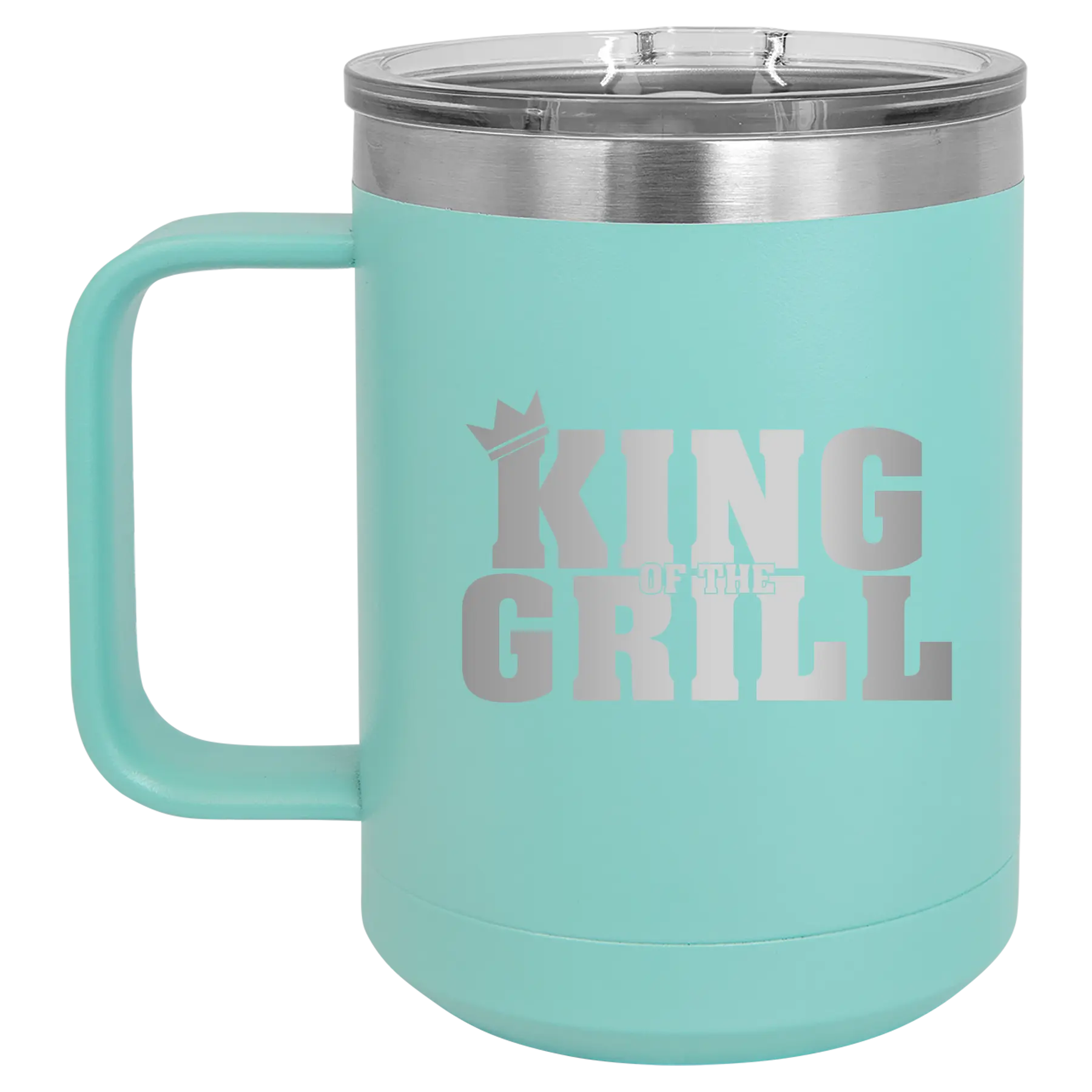 Personalized teal 15 oz vacuum insulated coffee mug with etched 'King of the Grill' design