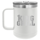 Personalized white 15 oz vacuum insulated coffee mug with etched 'King of the Grill' design