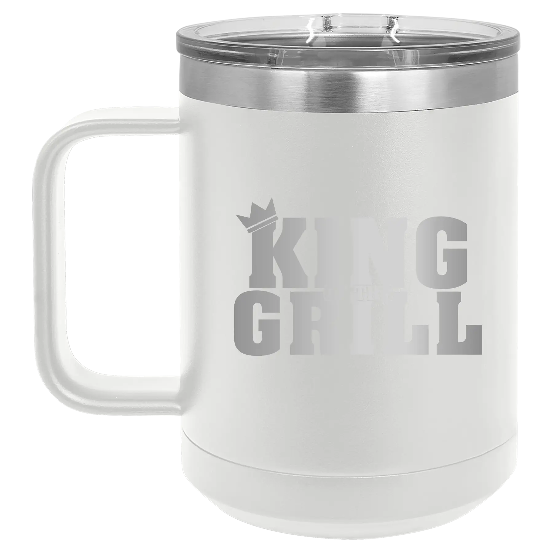 Personalized white 15 oz vacuum insulated coffee mug with etched 'King of the Grill' design