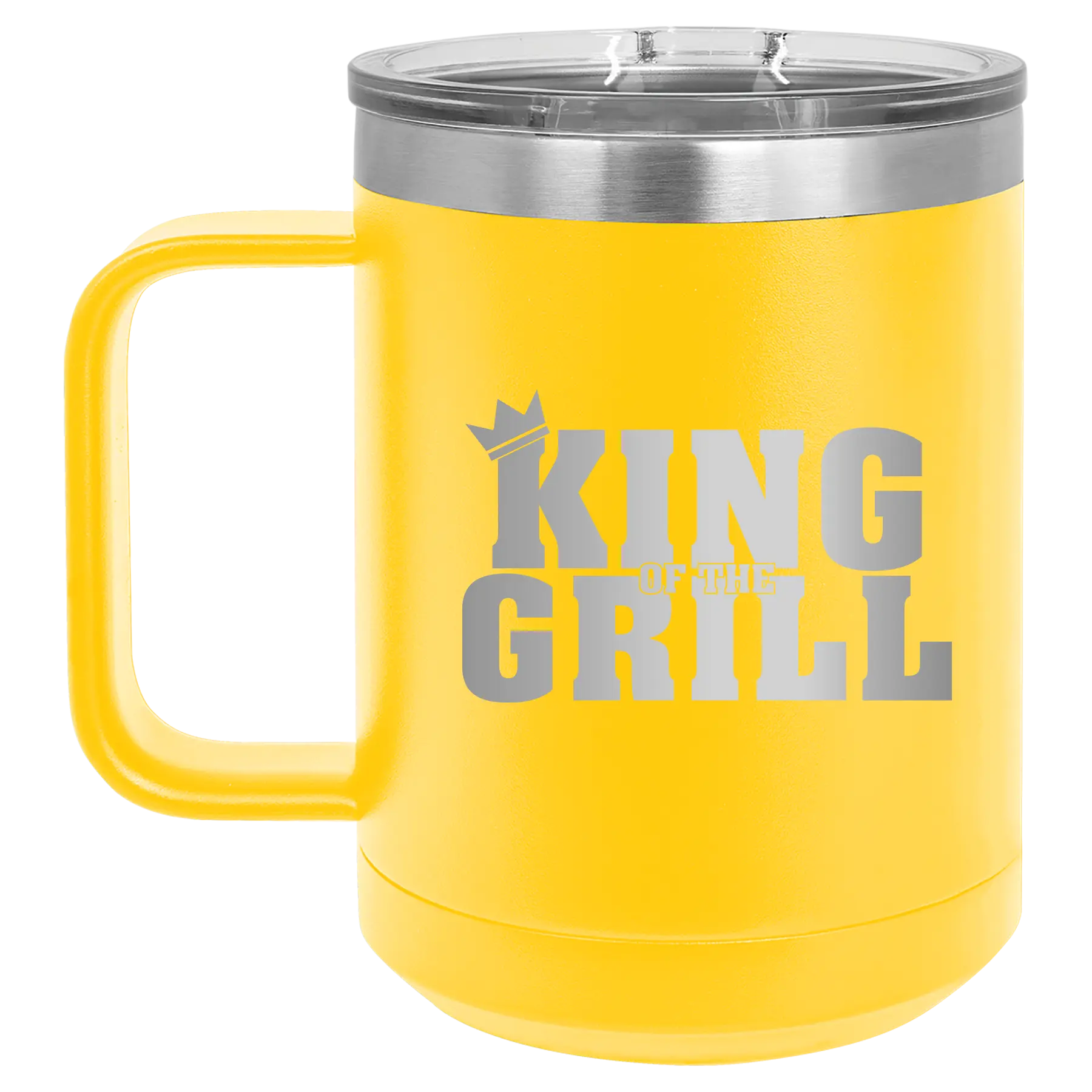 Personalized yellow 15 oz vacuum insulated coffee mug with etched 'King of the Grill' design