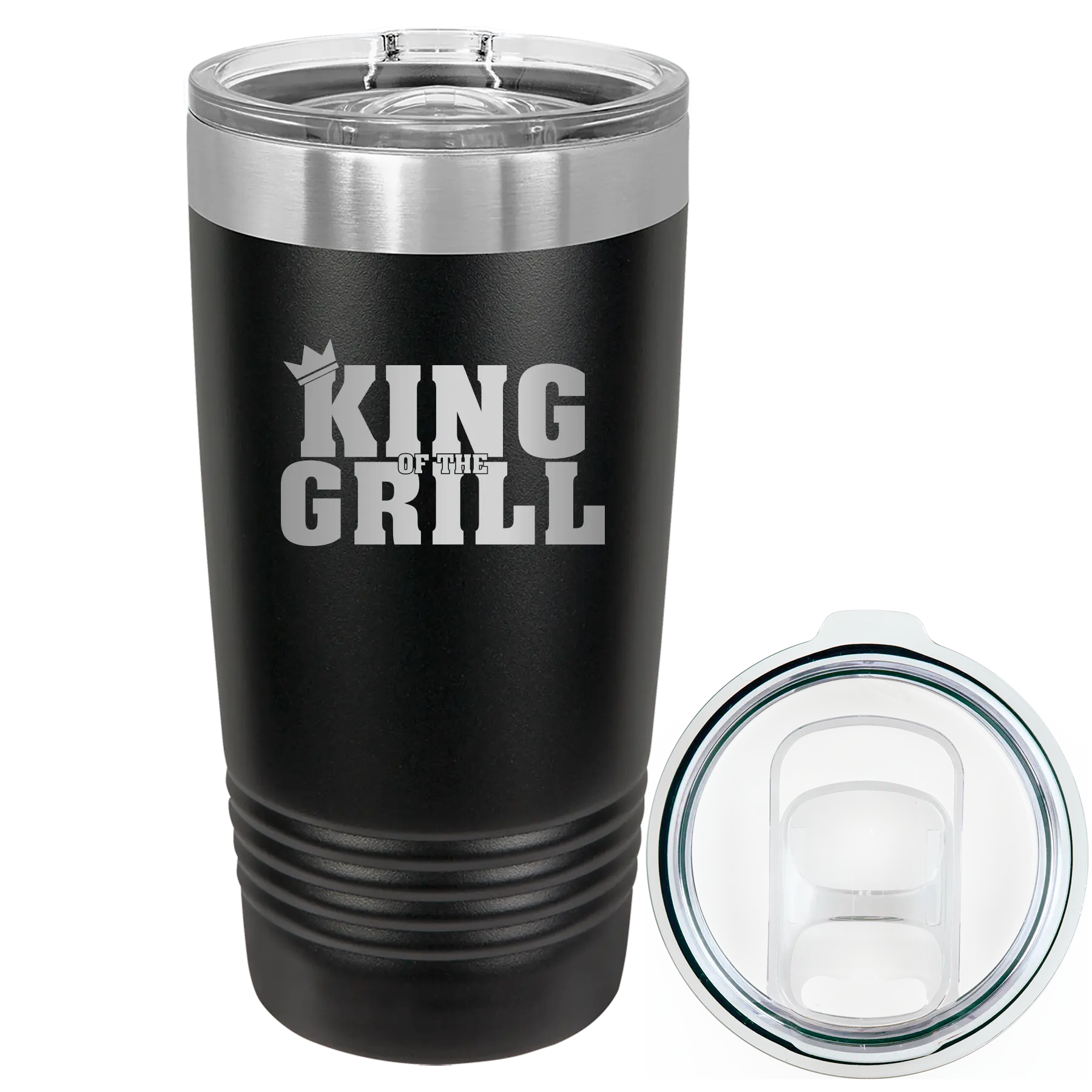 Laser etched black 20 oz vacuum insulated tumbler with 'King of the Grill' design