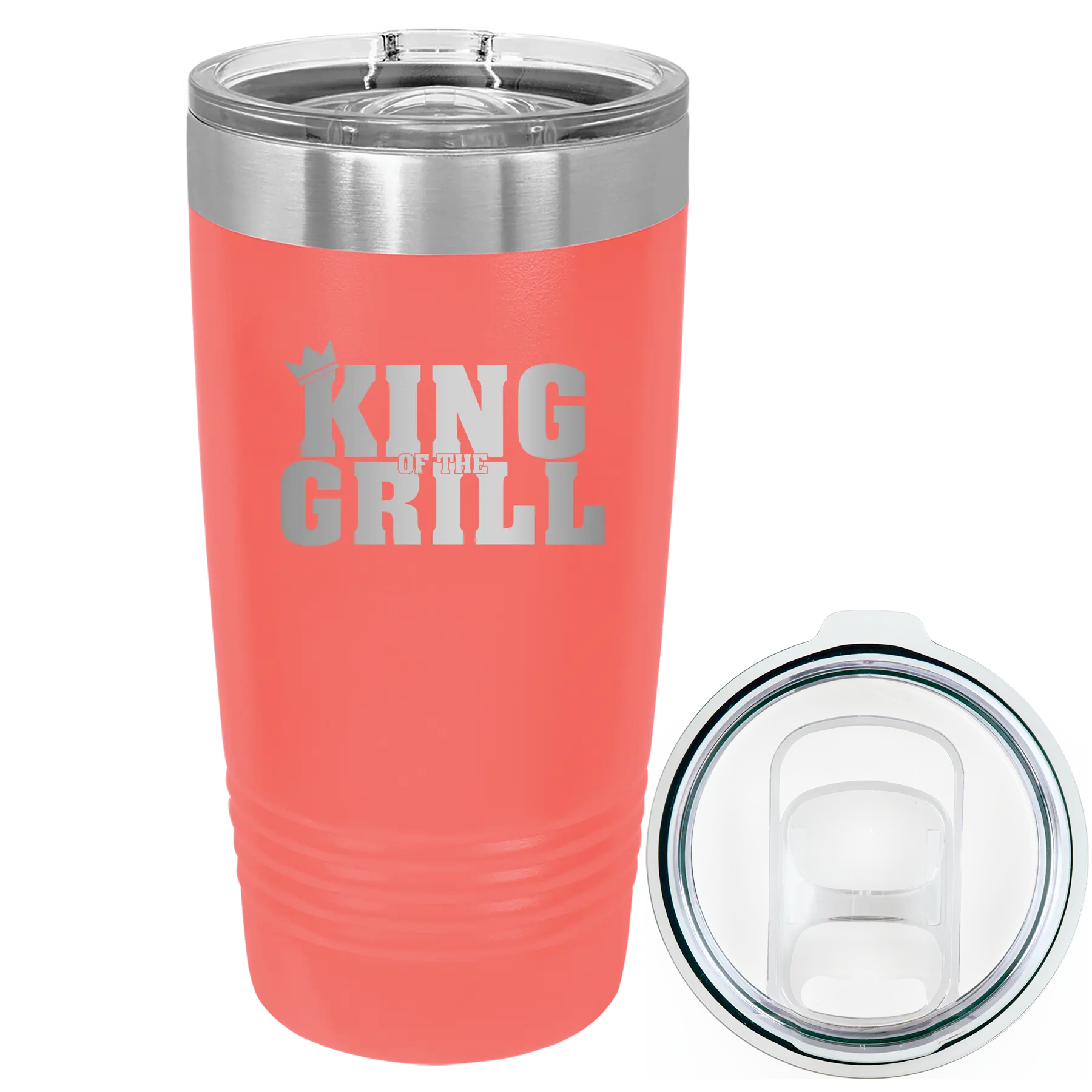 Laser etched coral 20 oz vacuum insulated tumbler with 'King of the Grill' design